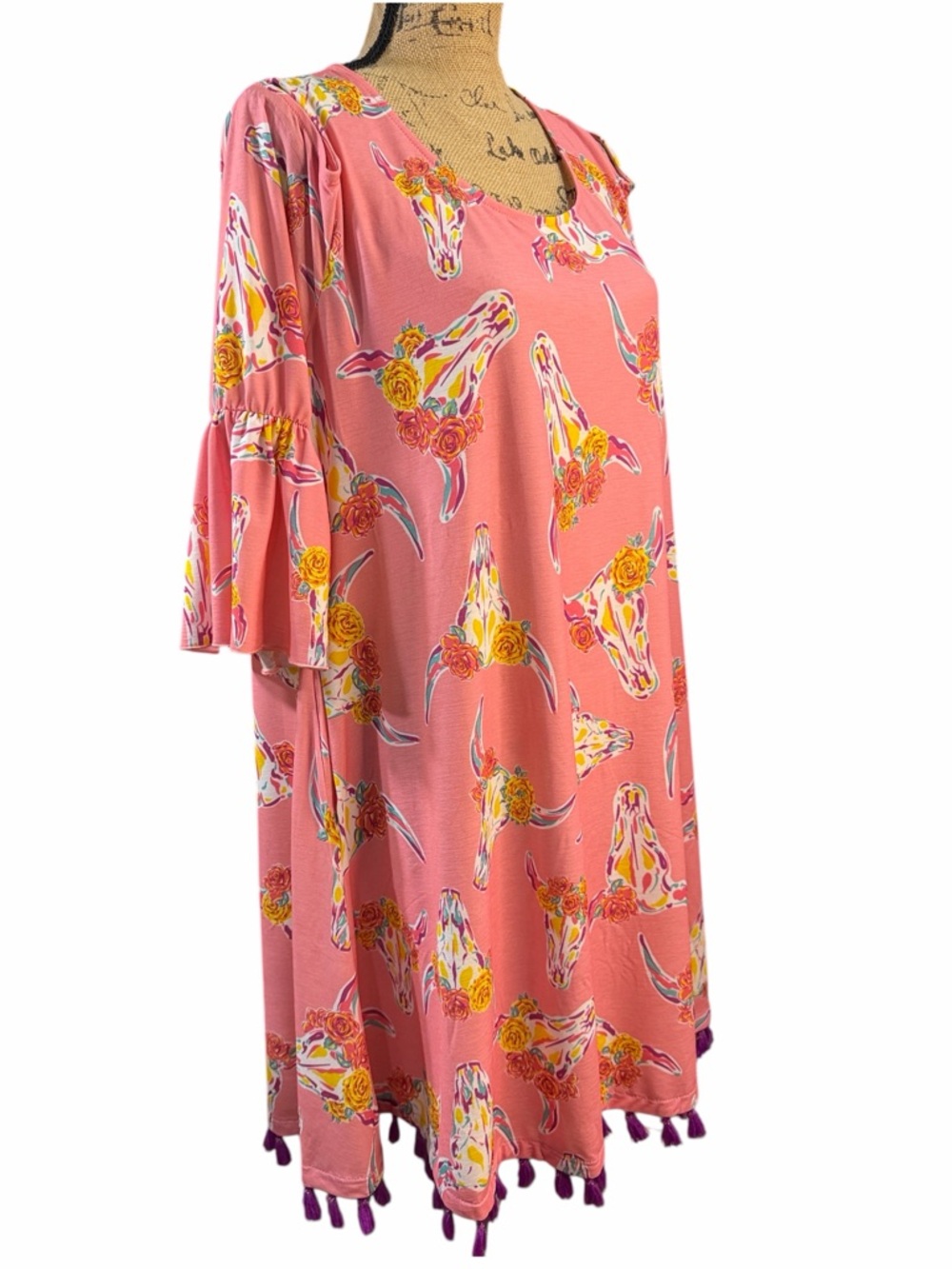 Simply Southern NWT Pink Floral Bull Skull Cold-Shoulder Midi Dress. Size XXL